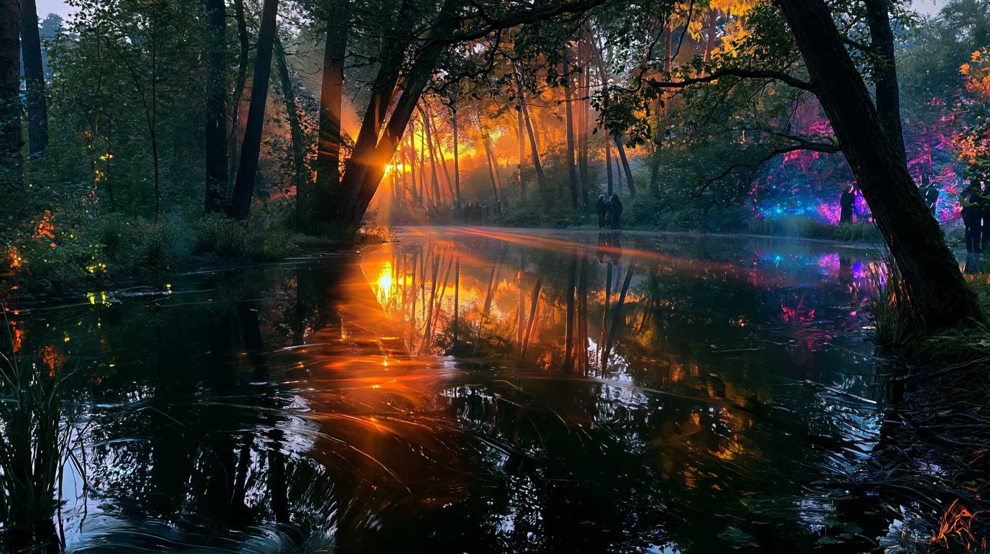 A quiet forest river at sunset with strands of auroral color drifting between the trees