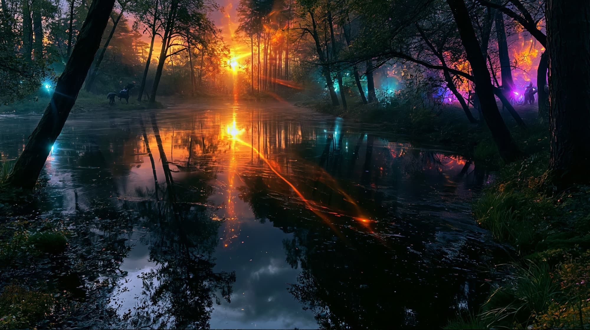 An Earth forest at dawn, its pond reflecting the sunrise while strange auroral colors glow between the trees