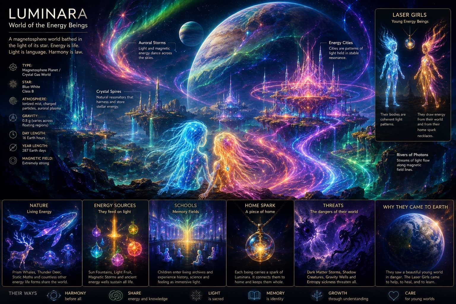 Explorer's chart of the planet Luminara: crystal spires, energy cities, rivers of photons, and two young energy beings watching from a ridge