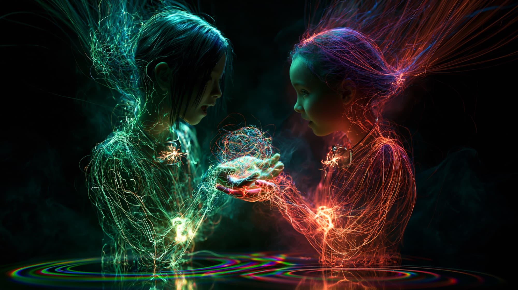 Two sisters whose bodies are woven from glowing threads of laser light, facing each other and tying a new knot of light between their hands